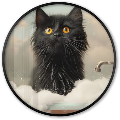 Poster in lijst Rond - Fotolijst 60x60 cm - Posters - Kat - Bad - Zwart - Dieren - Schuim - Ronde posterlijst zwart - Decoratie - Wanddecoratie woonkamer - Muurdecoratie slaapkamer