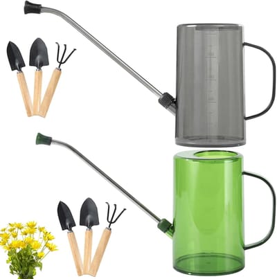 Gieter Kamerplanten - Waterkruik Set - Planten Water Geven - Lange Nauwe Schenktuit - 1 Liter Inhoud - Grijs Groen