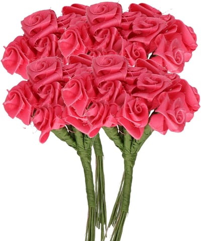 Rayher Decoratie roosjes satijn - 4x - bosje van 12 - fuchsia roze - 12 cm - hobby/DIY bloemetjes