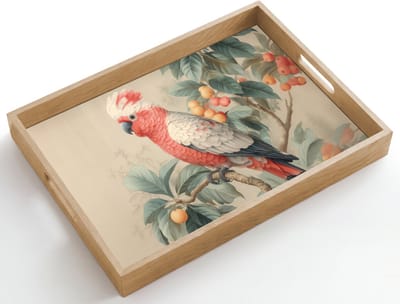Dienblad hout 50x35 cm - Schootdienblad - Roze kuifkaketoe - Tak met vruchten - Bladeren - Borrelplank rechthoek - Plateau dienbladen