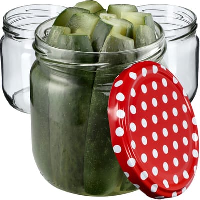 KADAX jampotten, 425 ml, inmaakpotten met schroefdeksel, potten met schroefsluiting, conservenpotten, voorraadpotten voor jam, honing (rood gestippeld/6 stuks)