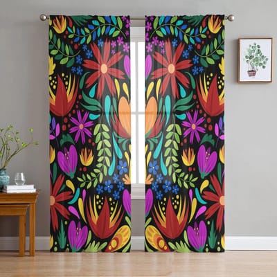 Mexico Geometrisch Abstract Bloem Slaapkamer Transparante Sheer Gordijnen Vakantie Decoratie Raam Voile Tule Gordijn 135W x 114H(cm) brown