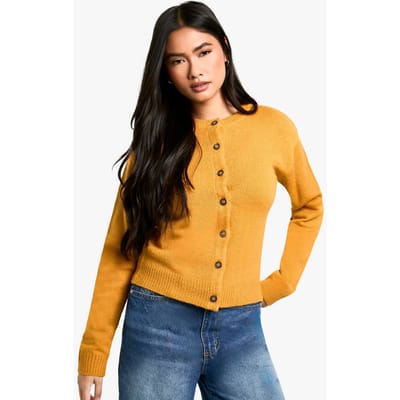 boohoo Dames Crew Neck Fijngaren Micro-Cardigan | Mustard | Maat: Small