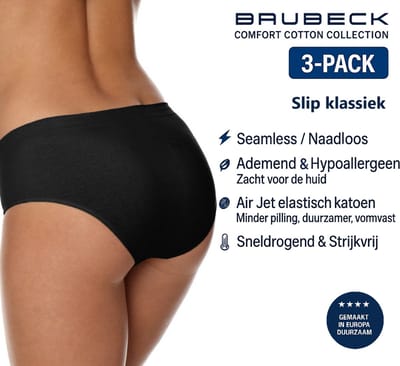 Brubeck Dames Slip Klassiek – Naadloos (Seamless) Elastisch Katoen – 3-Pack - Zwart - L