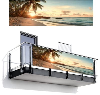 Balkonscherm 300x95 cm - Balkonposter Strand - Palmbomen - Oceaan - Zonsondergang - Balkon scherm decoratie - Balkonschermen - Balkondoek zonnescherm