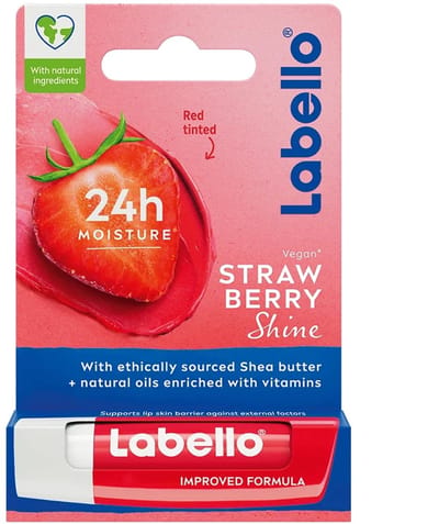 Labello Strawberry Shine lippenbalsem met aardbeiengeur en rode glans