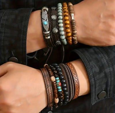 11-Delige Heren Armbandenset – Turquoise Veer Element – Leren & Kralen Armbanden – Verstelbaar – Cadeauset