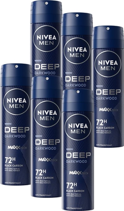 NIVEA MEN Deep Deodorant Spray - Dark Wood geur - Met black carbon - Beschermt 72 uur - Antibacterieel en alcoholvrij - 6 x 150ml - Voordeelverpakking