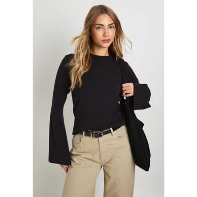 boohoo Dames Katoenen top met uitlopende mouwen | Zwart | Maat: 36