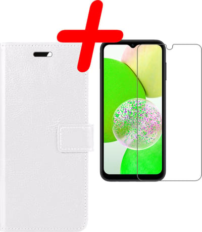 Hoesje Met Screenprotector - Geschikt voor Samsung Galaxy A14 - Luxe Pasjeshouder - Bookcase Portemonee - Flip Case - Kunstleer Book Case - Flipcase - Book Cover - Walletcase - Portemonneehoes - Wit
