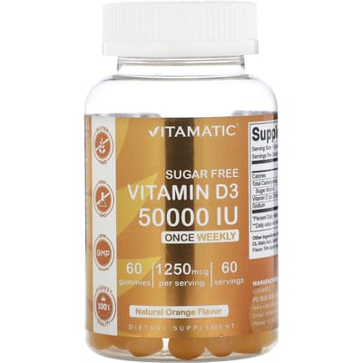 Vitamatic, vitamine D3 sans sucre, orange naturelle, 1 250 mcg (50 000 UI), 60 bonbons