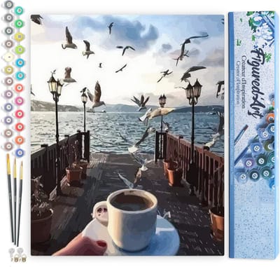 Figured'Art Schilderen op Nummer Volwassenen canvas Koffie en meeuwen aan de waterkant - Handwerk acrylverf Kit DIY Compleet - 40x50cm zonder frame