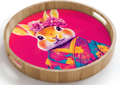 Dienblad rond 40x40 cm - Schootdienblad hout - Konijn - Bloemen - Kleurrijk - Kimono - Borrelplank rechthoek - Plateau houten dienbladen