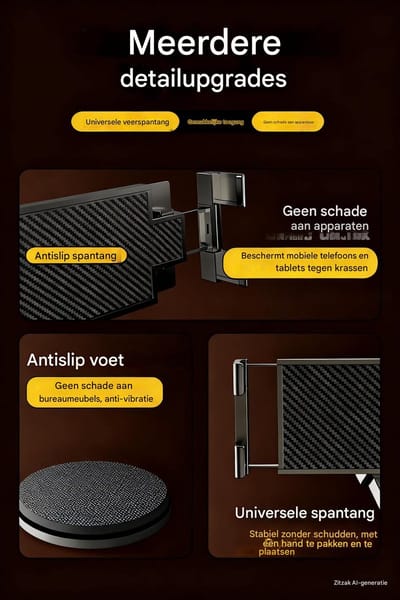 longziming -Verstelbare Telefoonstandaard – Aluminium Mobiele Telefoon- en Tabletstandaard – 360° Draaibaar, 3-Traps Verstelbaar, Stabiel en Slank Ontwerp voor Bureaus en Nachtkastjes