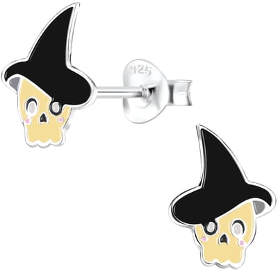 Joy|S - Zilveren halloween oorbellen - heks skull met zwart hoed