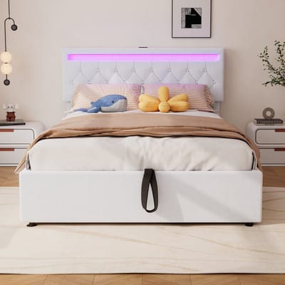 Gestoffeerd bed 140x200 cm - met LED-verlichting - verstelbare hoofdbord - met USB-aansluiting - met opbergruimte - wit - zonder matras