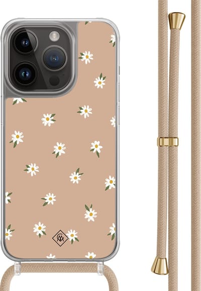 Casimoda® hoesje met beige koord - Geschikt voor iPhone 13 Pro - Sweet Daisies - Afneembaar koord - TPU/polycarbonaat - Bruin/beige