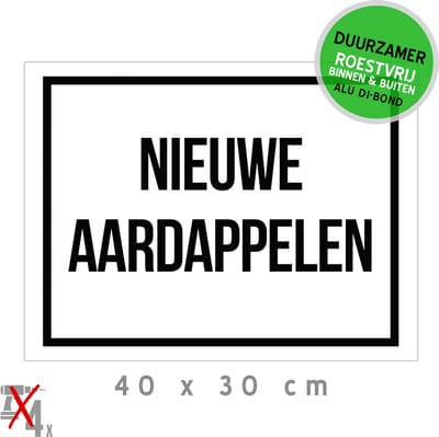Bord/ aanbieding Dibond | "Nieuwe aardappelen" | 40 x 30 cm | Aardappel | Nieuwe oogst | Koop lokaal | Landbouw | Roestvrij | 1 stuk