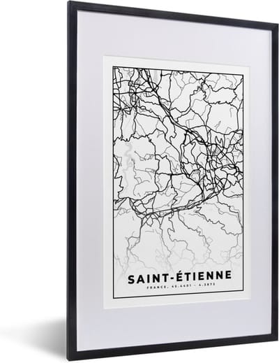 Fotolijst incl. Poster Zwart Wit- Stadskaart - Saint-Étienne - Plattegrond - Kaart - Frankrijk - Zwart wit - 40x60 cm - Posterlijst