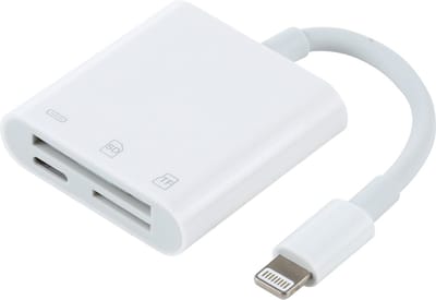 3-IN-1 kaart lezer adapter kabel 8-Pin naar SD + Micro SD + 8-Pin - Geheugenkaart lezer - geschikt voor Lightning - geschikt voor iPhone en iPad - wit