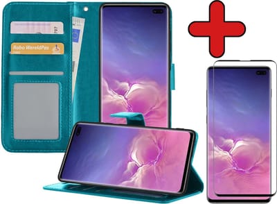 Hoesje - Met Screenprotector - Geschikt voor Samsung Galaxy S10 - Luxe Pasjeshouder - Flipcase - Bookcase Portemonee - Flip Case - Kunstleer Book Case - Book Cover - Walletcase - Portemonneehoes - Telefoonhoes - Turquoise