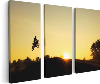 Artaza Canvas Schilderij Drieluik Silhouet Van Een Motorcross Bij Zonsondergang - 120x80 - Foto Op Canvas - Canvas Print