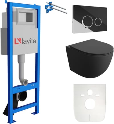 LAVITA® Inbouwreservoir Complete Toiletset LAV 101 - Inbouw WC Hangtoilet Wandcloset SINTO BLACK Zwart Mat - Bedieningsplaat 200.4.2 Chroom - Voorwandelement voor toilet 40cm - Installatiesysteem