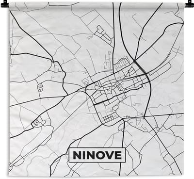 Wandkleed - Wanddoek - België – Ninove – Stadskaart – Kaart – Zwart Wit – Plattegrond - 180x180 cm - Wandtapijt