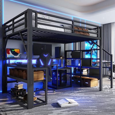 COVREO Hoogslaper 140x200 cm - met bureau, opbergruimte, LED-verlichting, USB en trap, zwart