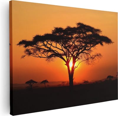 Artaza Canvas Schilderij Zonsondergang - 40x30 cm - Klein - Wanddecoratie Afrika - Muurdecoratie Boom - Kamer Accessoires Natuur