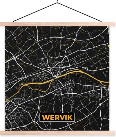 Posterhanger incl. Poster 40x40 cm - Schoolplaat - Plattegrond - Goud - Kaart - Wervik - Stadskaart - Textielposter - Blanke latten - Stadskaart