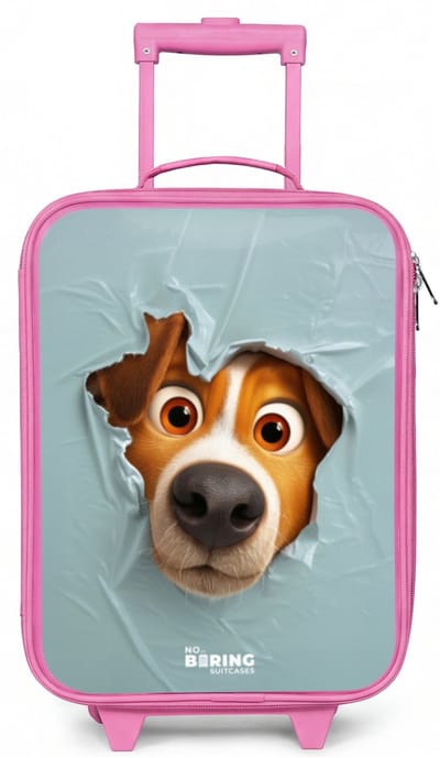 NoBoringSuitcases.com® - Kinderkoffer roze - Kindertrolley meisje - Bruine hond door gescheurd blauw plastic - Koffer kind lichtgewicht - Reiskoffer trolley voor kinderen - Koffertje met lichtgevende wieltjes - Rolkoffer