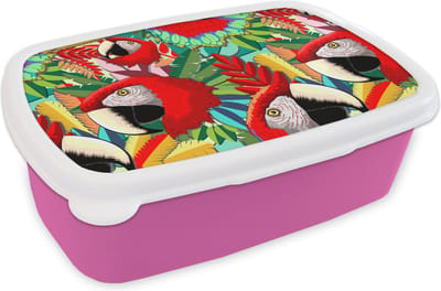 Broodtrommel Roze - Lunchbox - Brooddoos - Jungle - Papegaai - Vogels - Design - 18x12x6 cm - Kinderen - Meisje