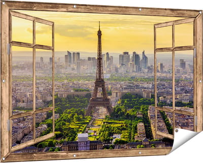 Gards Tuinposter Doorkijk Skyline van Parijs met de Eiffeltoren - 150x100 cm - Tuindoek - Tuindecoratie - Wanddecoratie buiten - Tuinschilderij