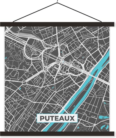 Posterhanger incl. Poster 60x60 cm - Schoolplaat - Puteaux - Frankrijk - Plattegrond - Kaart - Stadskaart - Textielposter - Zwarte latten - Stadskaart