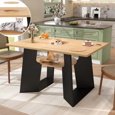 Dierenvriendelijk restaurantkeukentafel met huisdierzone en plank - rechthoekig voor 6 personen - 130x85x75 cm - zwart en houtkleur