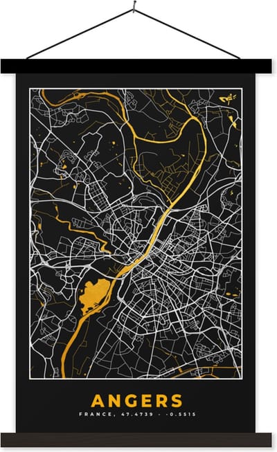 Posterhanger incl. Poster 40x60 cm - Schoolplaat - Kaart – Stadskaart – Angers - Plattegrond – Frankrijk - Textielposter - Zwarte latten - Stadskaart