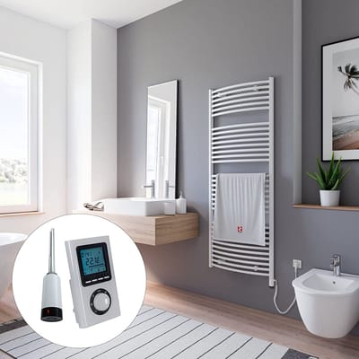 Schulte EUROPA - elektrische designradiator - 60x153cm - wit - handdoekdroger - ruimteverwarming - digitale remote aansluiting rechts - afstandsbediening - 600 Watt
