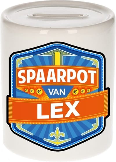 Bellatio Decorations Kinder spaarpot met naam - Lex - keramiek - met dop - wit - Sparen - Spaargeld van Lex