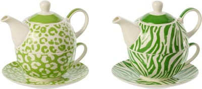 J-Line theepot Luipaard + Zebra - porselein - groen/wit - doos van 2
