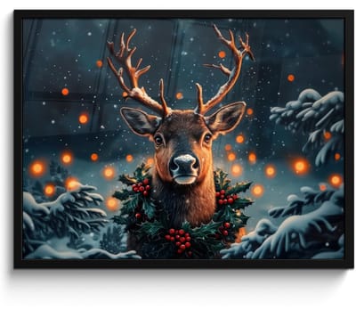 Poster in lijst - Fotolijst 70x50 cm - Posters - Hert - Kerst - Winter - Sneeuw - Kerstkrans - Posterlijst zwart - Decoratie - Wanddecoratie woonkamer - Kerstdecoratie voor binnen - Kerstversiering - Kerstmis versiering in huis - Kerstaccessoires