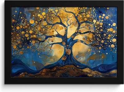 Poster in lijst - Fotolijst 30x20 cm - Posters - Boom - Levensboom - Blauw - Goud - Posterlijst zwart - Decoratie - Wanddecoratie woonkamer - Muurdecoratie slaapkamer