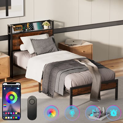 KUTAS Eenpersoonsbed 900x200 cm - Heavy Duty Metalen Bedframe - Met Lattenbodem - Met LED Verlichting - Stopcontacten - USB Poorten - Type C - Hoofdbord met Opbergruimte