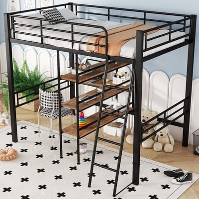 REDOM hoogslaper 90x200 cm – Metaal zwart – Bureau, opbergrekken, ladder – EN747, vanaf 6 jaar