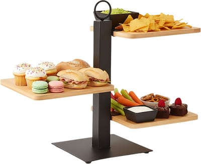 Lomera Etagère Metaal Bamboe - 3 Laags Etagère - Serveertoren Bamboe - Bamboe Hout - High Tea Etagère - Stijlvolle Serveertoren - Hapjes Serveren - Decoratieve Etagère - Sausbakje Inbegrepen - Etagère Voor Hapjes