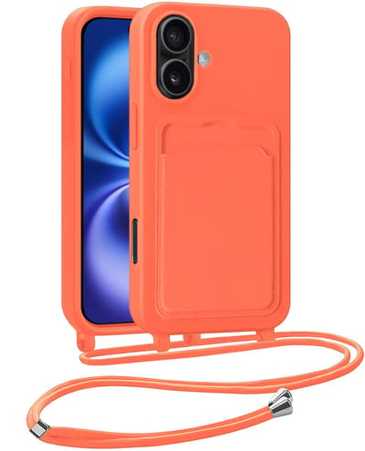 Hoesje Geschikt voor iPhone 16 Plus Hoesje Met Telefoonkoord en Pasjeshouder Siliconen - Hoes Geschikt voor iPhone 16 Plus Hoesje Met Kaarthouder Case - Papaya