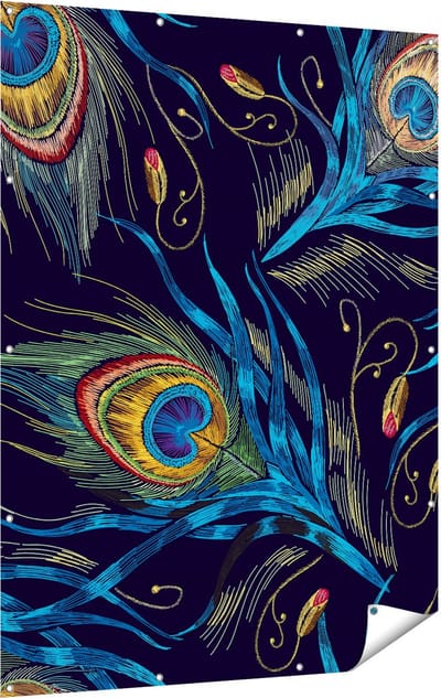 Gards Tuinposter Getekende Pauw Veren Achtergrond - 120x160 cm - Tuindoek - Tuindecoratie - Wanddecoratie buiten - Tuinschilderij