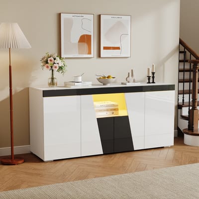 DESMIU Dressoir Met Verlichting En Verstelbare Planken Voor Woonkamer En Opbergruimte Van Spaanplaat In Wit En Zwart 140x40x65 Cm