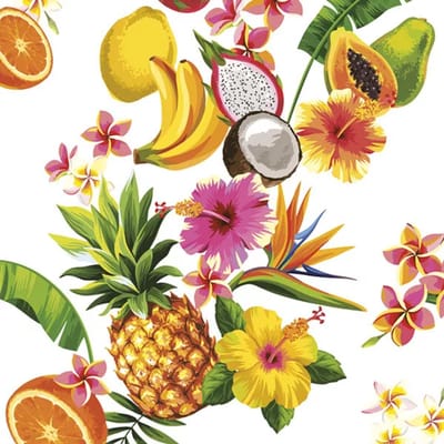 40 Servetten - Tropisch Fruit - Tropische Bloemen - Tropische Mix - Tropical Mix on White - Kleurrijk - Op een witte achtergrond - Geel - Groen - Roze - Oranje - 33 x 33 cm - 3-Laags - Daisy