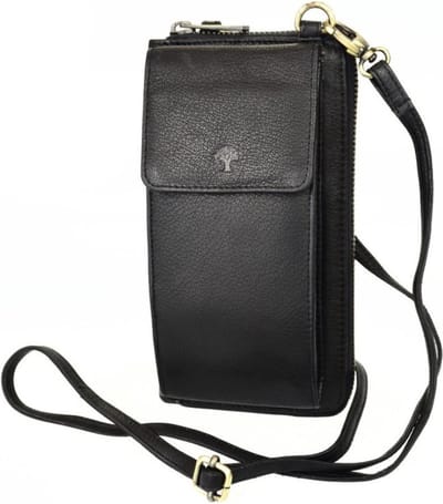 Leren Portemonnee tasje met schouderband zwart -telefoontasje leer dames anti-skim RFID - schoudertas - clutch - festival tas - Portemonnee voor mobiel